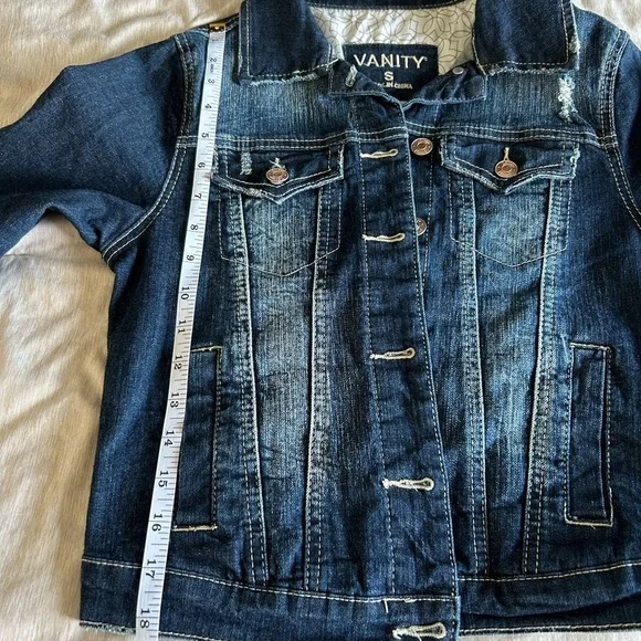 Vanity Dark Blue Distressed Denim Cropped Button Up Small Jean Jacket for Women - Picture 9 of 10